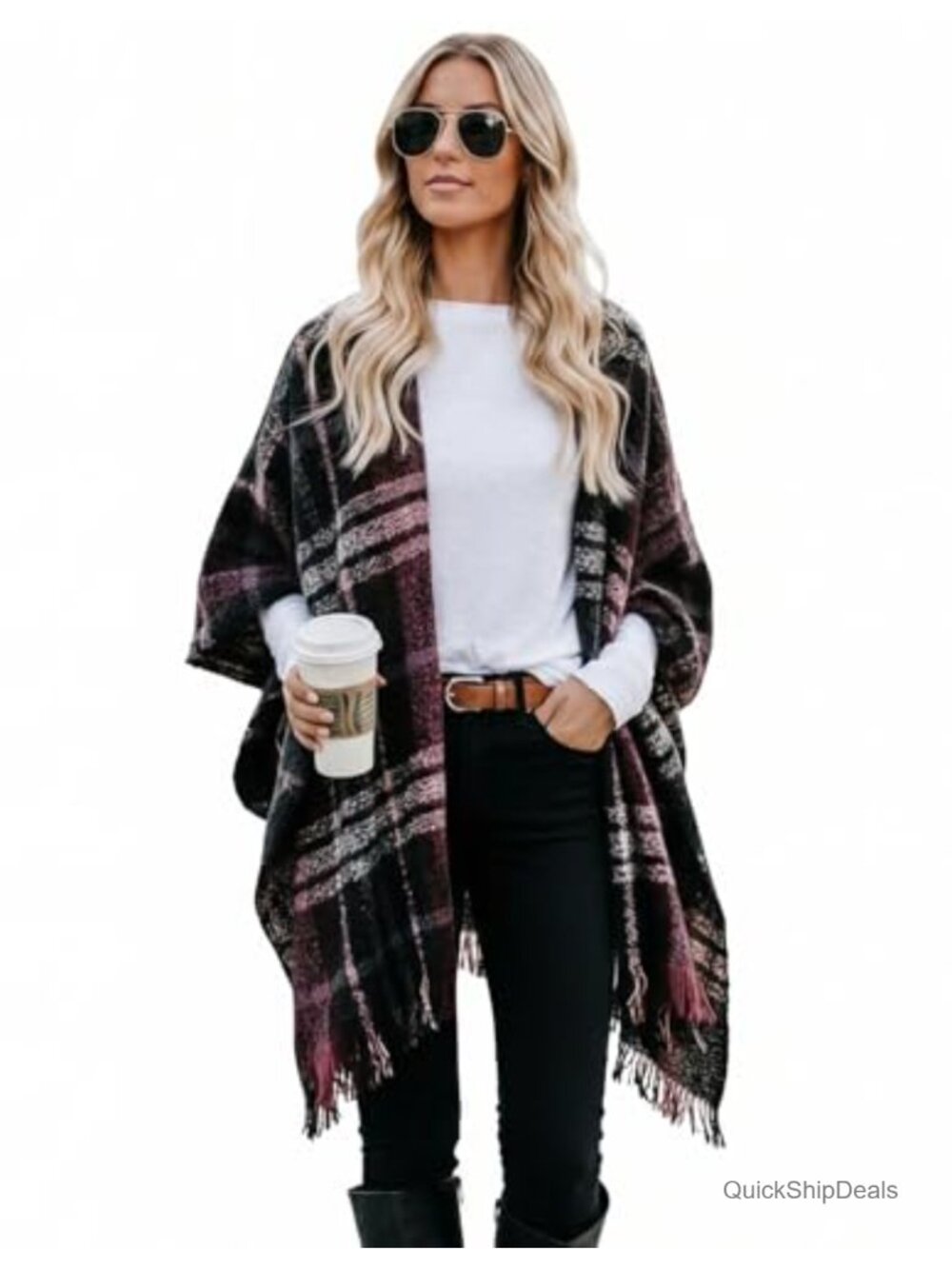 Women's Reversible Knit Poncho Wrap Cape Cardigan One Size